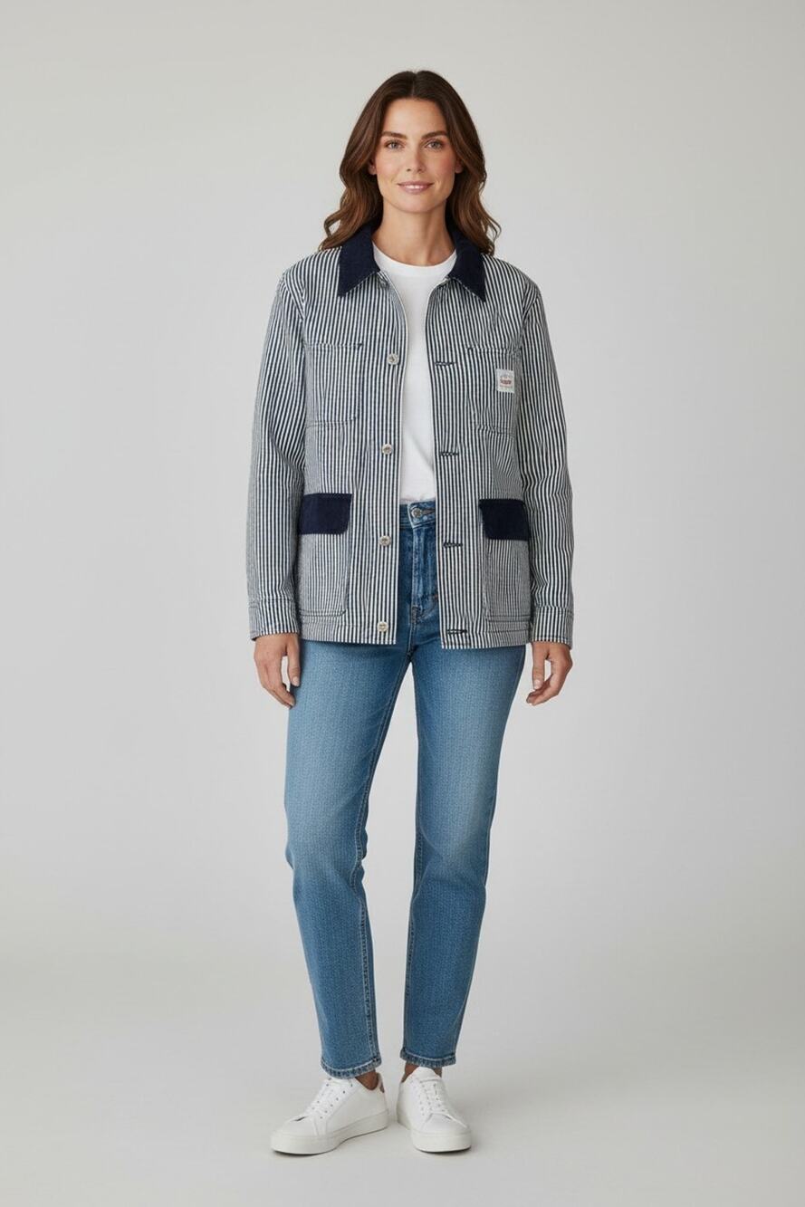 B0 NWOT LEVIS Bree Barn Blue & White Striped Corduroy Collar Denim Jacket Size S